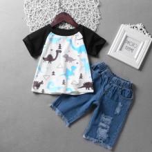 Shein Boys Cartoon Dinosaur Print Tee With Destroyed Denim Shorts