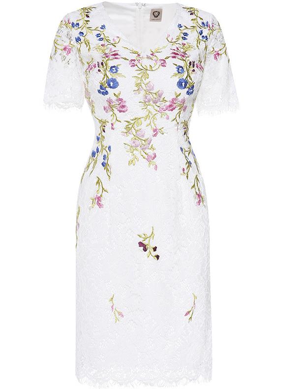 Shein White V Neck Flowers Embroidered Lace Dress