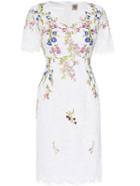 Shein White V Neck Flowers Embroidered Lace Dress