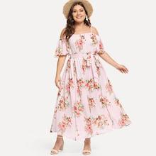 Shein Plus Off Shoulder Self Belted Floral Dress