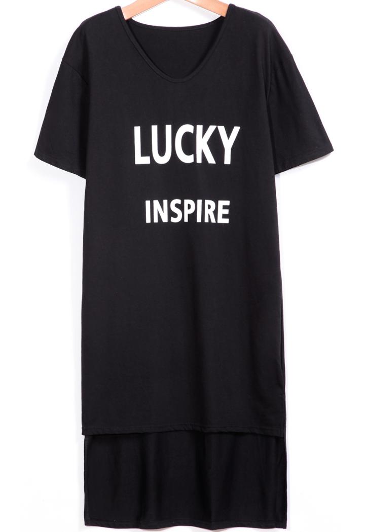 Shein Black V Neck Lucky Print High Low Dress
