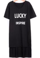 Shein Black V Neck Lucky Print High Low Dress