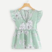 Shein Frill Trim Floral Striped Top