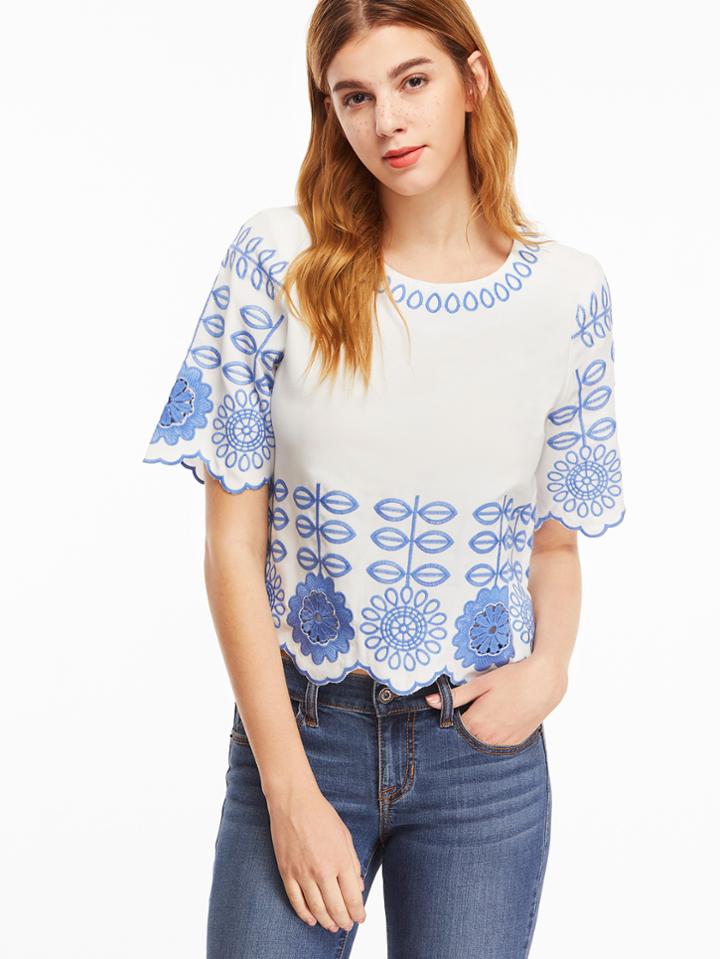 Shein White Flower Embroidered Ruffle Hem Top