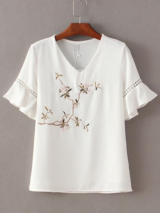 Shein White V Neck Ruffle Sleeve Embroidery Blouse