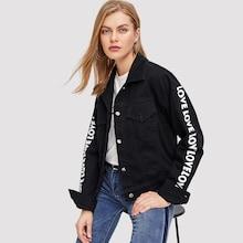Shein Letter Print Sleeve Drop Shoulder Denim Jacket