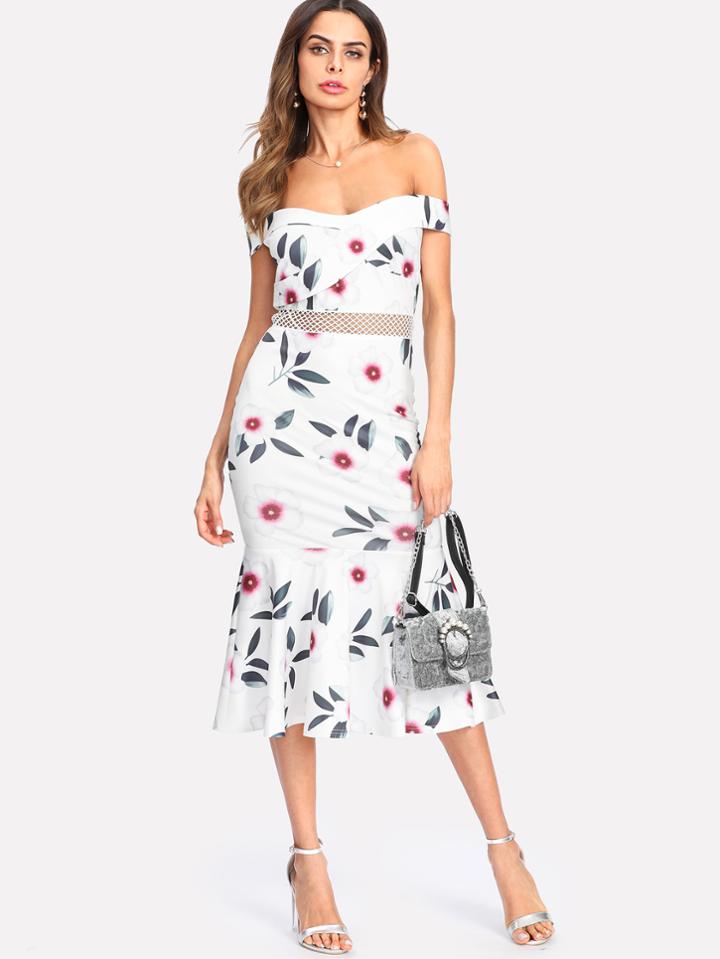 Shein Eyelet Lace Waist Off Shoulder Floral Dress