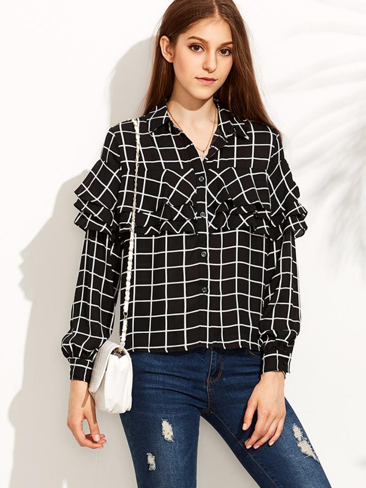 Shein Black Plaid Ruffle Blouse