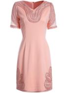 Shein Pink V Neck Short Sleeve Embroidered Dress