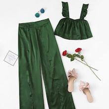 Shein Ruffle Strap Crop Top & Overlap Pants Set