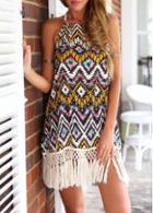 Rosewe Tassels Decorated Open Back Printed Dress
