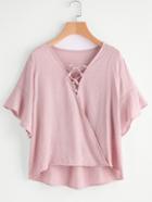 Shein Lace Up Front Bell Sleeve Dip Hem Top