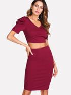 Shein V Neck Crop Tee And Split Back Skirt Set