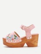 Shein Flower Embroidered Wedge Sandals With Faux Pearl