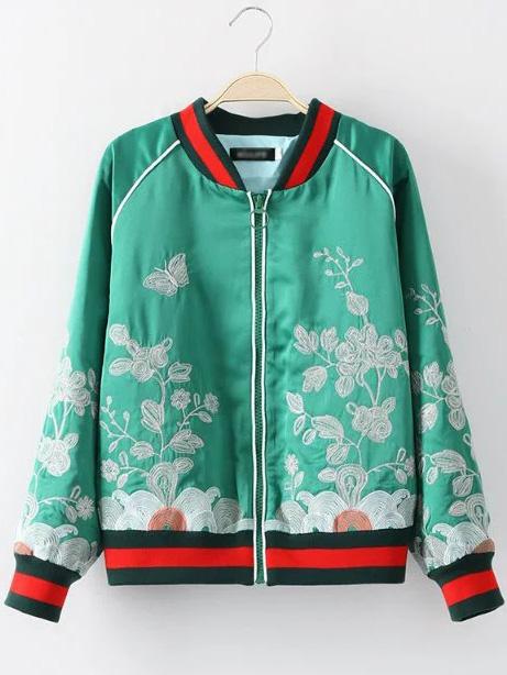 Shein Green Crew Neck Embroidery Zipper Jacket