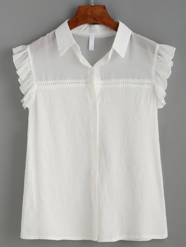 Shein White Sheer Insert Ruffle Sleeve Blouse