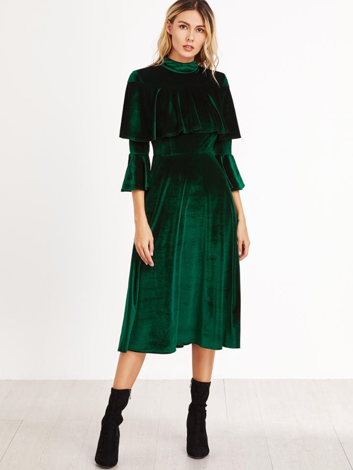 Shein Green Ruffle Trim Bell Sleeve Velvet Midi Dress