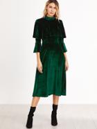 Shein Green Ruffle Trim Bell Sleeve Velvet Midi Dress