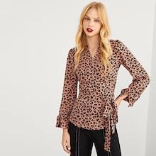 Shein Leopard Self Tie Waist Blouse