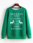 Shein Green Round Neck Christmas Print Sweatshirt