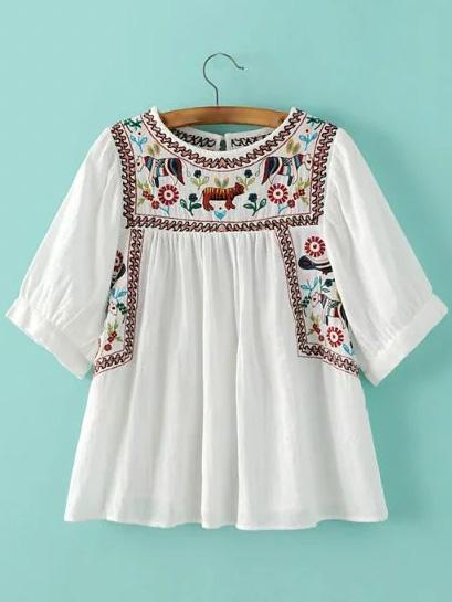 Shein White Animal Embroidery Key-hole Back Blouse