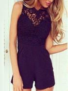 Shein Black Backless Lace Stitching Jumpsuit