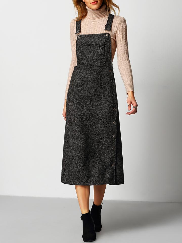 Shein Grey Strap Single Breasted Pinafore Dress