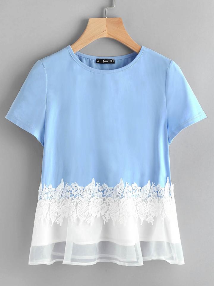 Shein Floral Lace Applique Mesh Hem Top