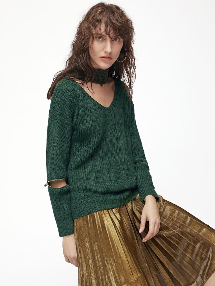 Shein Cutout Choker Neck Open Elbow Sweater