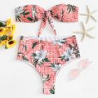 Shein Plaid & Flower Print Knot Front Bikini Set