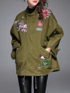 Shein Army Green Flowers Applique Pouf Coat