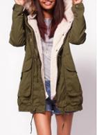 Rosewe Hooded Collar Faux Fur Decorated Army Green Coat