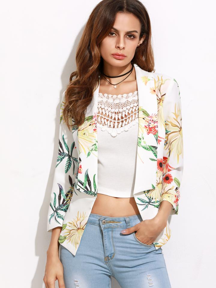 Shein White Botanical Print Shawl Collar Blazer