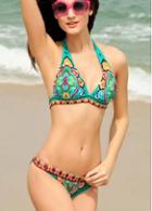 Rosewe Sky Blue Flowers Printed Halter Design Bikini Suit