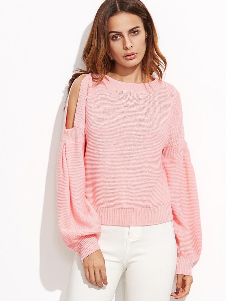 Shein Pink Cold Shoulder Lantern Sleeve Sweater