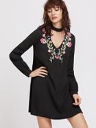 Shein Black Embroidery V Neck Choker Long Sleeve Dress