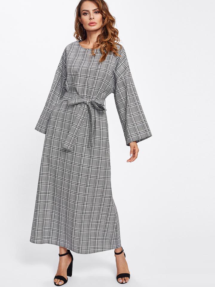 Shein Wide Sleeve Self Tie Plaid Hijab Long Dress
