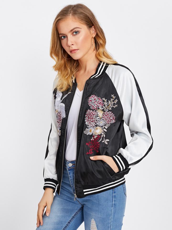 Shein Striped Trim Embroidered Baseball Jacket