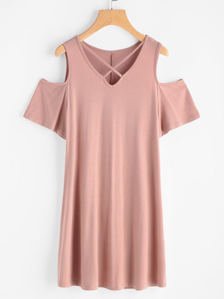 Shein Crisscross V Neck Open Shoulder Tee Dress
