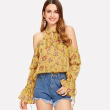 Shein Ruffle Trim Cold Shoulder Floral Halter Top