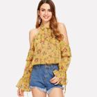 Shein Ruffle Trim Cold Shoulder Floral Halter Top