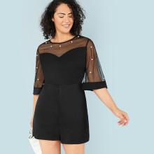 Shein Plus Pearl Detail Sheer Mesh Insert Bell Sleeve Romper
