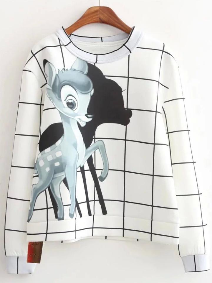 Shein White Crew Neck Plaid Deer Print Sweatshirt