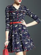 Shein Navy V Neck Print Belted Pockets A-line Dress