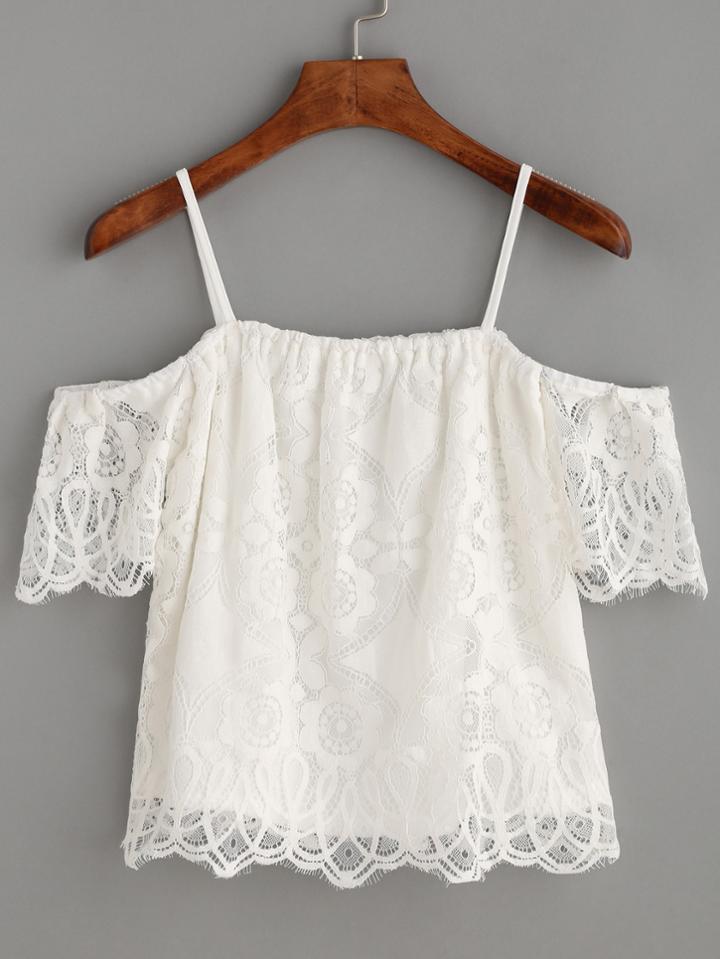 Shein White Cold Shoulder Eyelash Lace Top