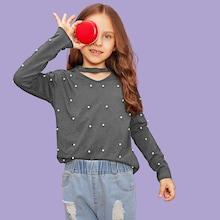 Shein Girls Pearl Beading V Cut Neck Tee