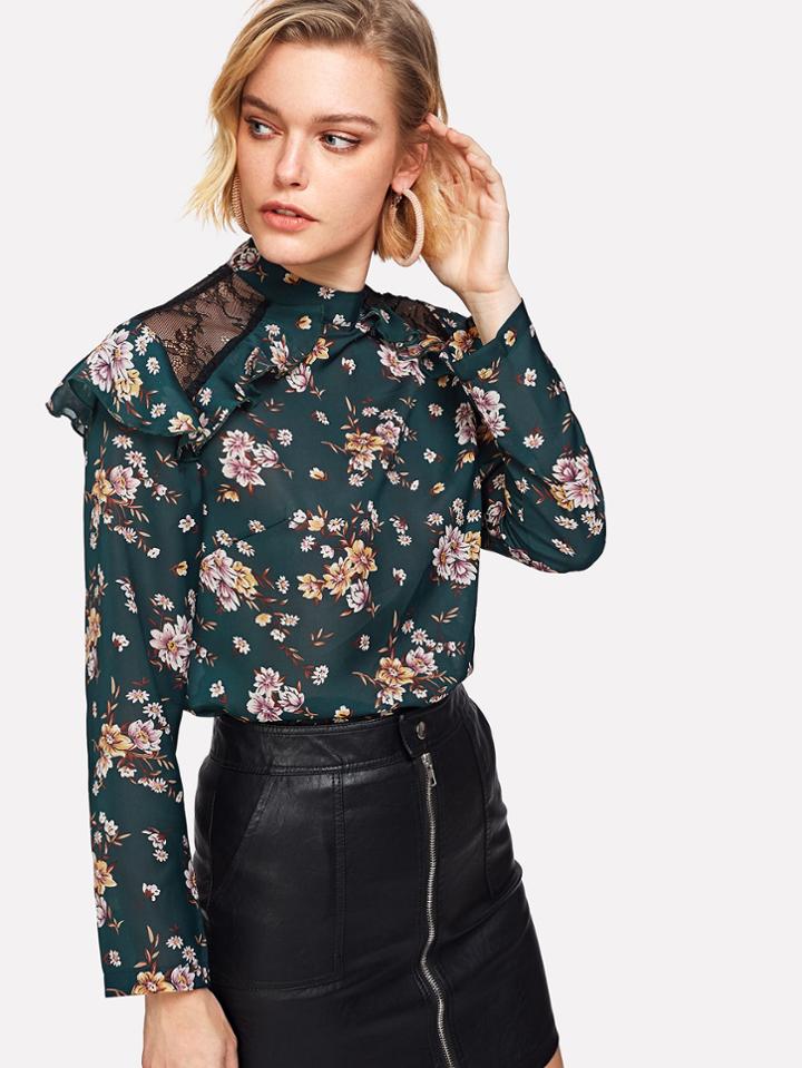 Shein Lace Insert Ruffle Yoke Calico Top