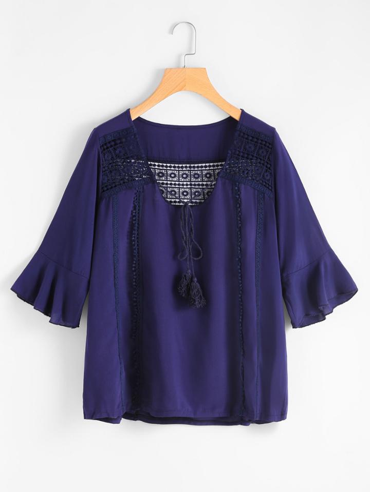 Shein Hollow Out Crochet Insert Tassel Tie Blouse