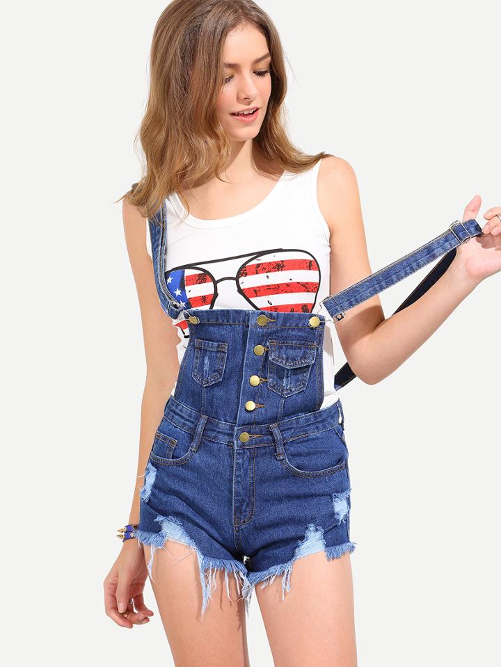 Shein Buttoned Front Raw Hem Overall Blue Denim Shorts