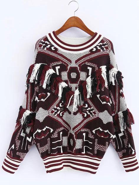 Shein Multicolor Graphic Print Striped Trim Tassel Sweater